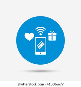 Wireless mobile payments icon. Smartphone, credit card and gift symbol. Blue circle button with icon. Vector