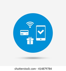 Wireless mobile payments icon. Smartphone, credit card and gift symbol. Blue circle button with icon. Vector