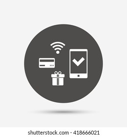 Wireless mobile payments icon. Smartphone, credit card and gift symbol. Gray circle button with icon. Vector