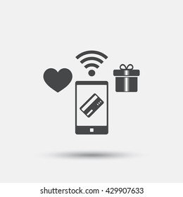 Wireless mobile payments icon. Smartphone, credit card and gift symbol. Flat mobile payments web icon on white background. Vector