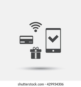 Wireless mobile payments icon. Smartphone, credit card and gift symbol. Flat mobile payments web icon on white background. Vector