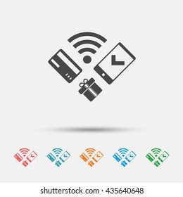 Wireless mobile payments icon. Smartphone, credit card and gift symbol. Graphic element on white background. Colour clean flat mobile payments icons. Vector
