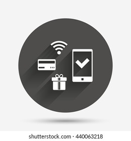 Wireless mobile payments icon. Smartphone, credit card and gift symbol. Circle flat button with shadow. Vector