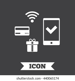 Wireless mobile payments icon. Smartphone, credit card and gift symbol. Graphic design element. Flat mobile payments symbol on dark background. Vector