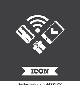 Wireless mobile payments icon. Smartphone, credit card and gift symbol. Graphic design element. Flat mobile payments symbol on dark background. Vector
