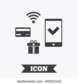 Wireless mobile payments icon. Smartphone, credit card and gift symbol. Graphic design element. Flat mobile payments symbol on white background. Vector