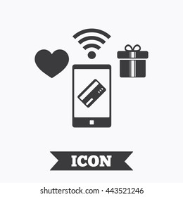 Wireless mobile payments icon. Smartphone, credit card and gift symbol. Graphic design element. Flat mobile payments symbol on white background. Vector