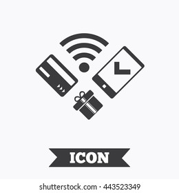 Wireless mobile payments icon. Smartphone, credit card and gift symbol. Graphic design element. Flat mobile payments symbol on white background. Vector