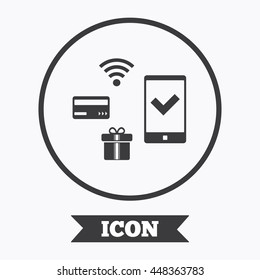Wireless mobile payments icon. Smartphone, credit card and gift symbol. Graphic design element. Flat symbol in circle button. Vector