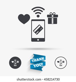 Wireless mobile payments icon. Smartphone, credit card and gift symbol. Flat icons. Buttons with icons. Thank you ribbon. Vector