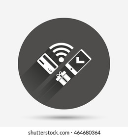 Wireless mobile payments icon. Smartphone, credit card and gift symbol. Circle flat button with shadow. Vector