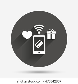 Wireless mobile payments icon. Smartphone, credit card and gift symbol. Circle flat button with shadow. Vector