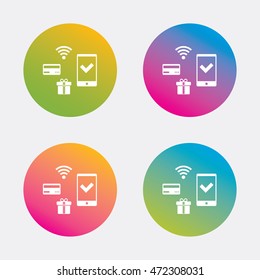 Wireless mobile payments icon. Smartphone, credit card and gift symbol. Gradient flat buttons with icon. Modern design. Vector