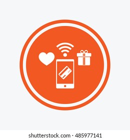 Wireless mobile payments icon. Smartphone, credit card and gift symbol. Graphic design element. Flat mobile payments symbol on the round button. Vector
