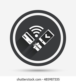 Wireless mobile payments icon. Smartphone, credit card and gift symbol. Circle flat button with shadow and border. Vector