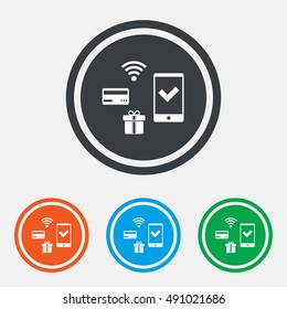 Wireless mobile payments icon. Smartphone, credit card and gift symbol. Graphic design web element. Flat mobile payments symbol on the round button. Vector