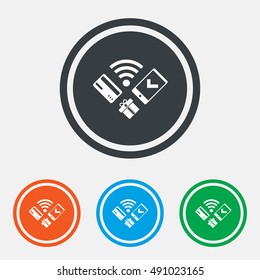 Wireless mobile payments icon. Smartphone, credit card and gift symbol. Graphic design web element. Flat mobile payments symbol on the round button. Vector