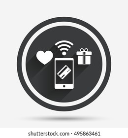 Wireless mobile payments icon. Smartphone, credit card and gift symbol. Circle flat button with shadow and border. Vector