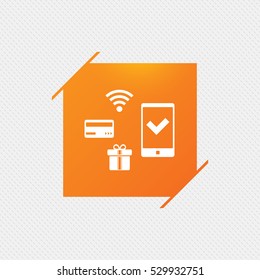 Wireless mobile payments icon. Smartphone, credit card and gift symbol. Orange square label on pattern. Vector