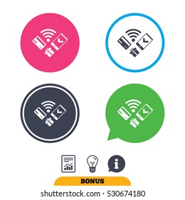 Wireless mobile payments icon. Smartphone, credit card and gift symbol. Report document, information sign and light bulb icons. Vector