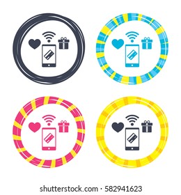 Wireless mobile payments icon. Smartphone, credit card and gift symbol. Colored buttons with icons. Poker chip concept. Vector