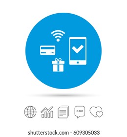 Wireless mobile payments icon. Smartphone, credit card and gift symbol. Copy files, chat speech bubble and chart web icons. Vector