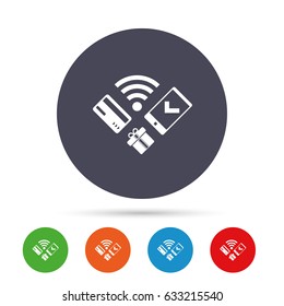 Wireless mobile payments icon. Smartphone, credit card and gift symbol. Round colourful buttons with flat icons. Vector