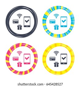 Wireless mobile payments icon. Smartphone, credit card and gift symbol. Colored buttons with icons. Poker chip concept. Vector