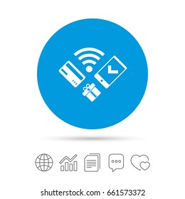 Wireless mobile payments icon. Smartphone, credit card and gift symbol. Copy files, chat speech bubble and chart web icons. Vector