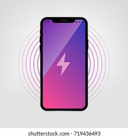 Wireless Mobile Phone Charging, Vector Illustration. New Technology Smartphone Charging. New Mobile Phone X Charge With Charging Icon On A Blank Screen.