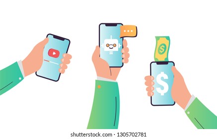 Wireless Mobile Technologies Concept. Hands Holding Smartphone. Internet Banking, Video Streaming Service, Artificial Intelligence. Vector illustration
