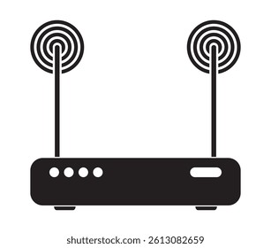Wireless modem logo. Black silhouette of the router, on a white background. Flat icon. Wireless connection icon. Access point router icon. EPS 10. Vector illustrations