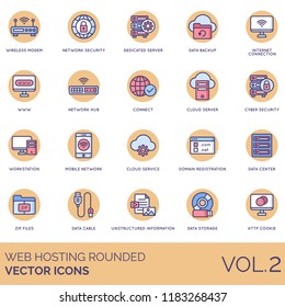 Wireless modem, security, dedicated server, data backup, internet, hub, connect, workstation, mobile network, cloud service, domain registration, zip files, cable, storage web hosting rounded icons.