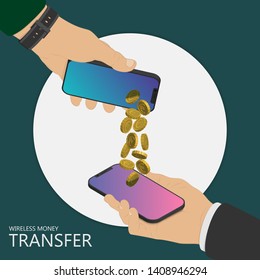 Wireless money transfer isometric illustration. Two smartphones in men's hands and coins falling from one smartphone to other.