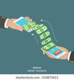 Wireless money transfer isometric vector illustration. Two smartphones in men's hands and bundle of the banknotes flying from one smartphone to the other.