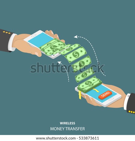 Wireless money transfer isometric vector illustration. Two smartphones in men's hands and bundle of the banknotes flying from one smartphone to the other.