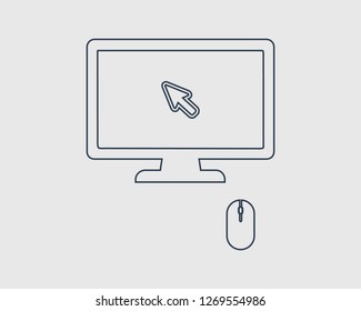 Wireless Mouse and cursors line icon on computer monitor