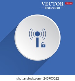 Wireless network access is open, unlocked , white circle on a blue background with shadow. Vector illustration, EPS 8