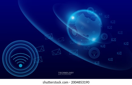 Wireless network communication, internet connection. Futuristic city scape in blue tone with electronics devices, multimedia, technology icons and network connection.