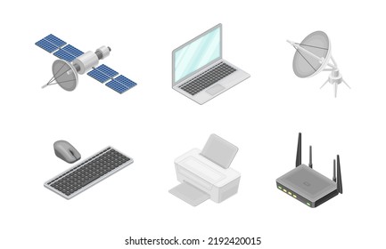 Drahtlose Netzwerkkommunikationstechnologie mit Router, Laptop und Tastatur - Isometrisches Vektorset