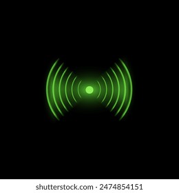 Wireless network concept. Vector illustration of wifi waves with radio and sound effect. Neon green glow logo on a dark background with digital signal icons.