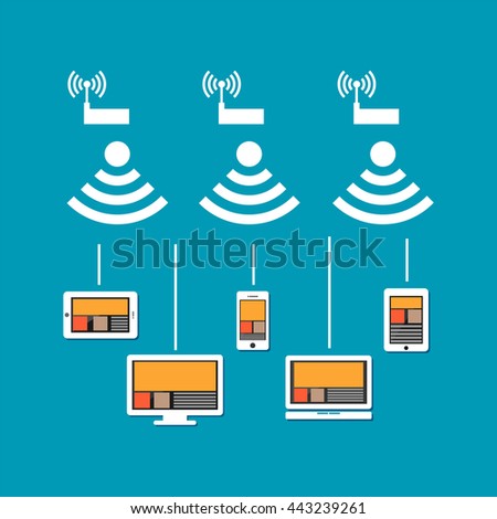 Wireless network connection concept. Wireless communication on devices. Devices connect to cloud internet using wireless signal.