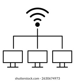 Wireless network connection icon with multiple computer devices sharing internet signal technology communication system vector illustration symbol interface graphic.
