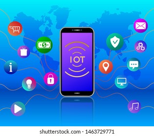 Wireless network connections technology. IOT concept. Cloud computing. Smartphone with colorful icons on blue background with world map. Template design for banner, poster, flyer