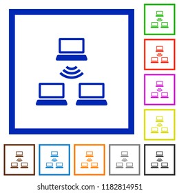 Wireless network flat color icons in square frames on white background