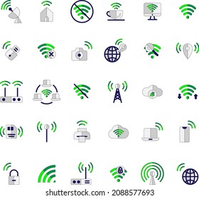 Wireless network flat vector icon collection set