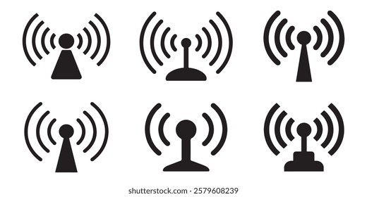 Wireless Network Icons Isolated on White Background, antenna icon set silhouette