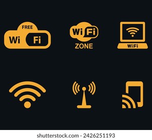 wireless network icons. Set of flat yellow icons of wifi free. Vector on black background