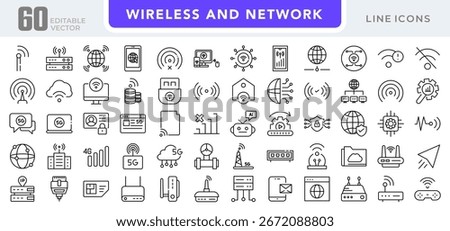 Wireless and network linear icon set. Connectivity, Wi-Fi, signals, communication, internet, data transfer, routers, devices, technology, online, vector outline icon set. UI thin line icon pack