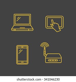 Wireless network and mobile devices. Network connections. Vector outlined icons. Linear style